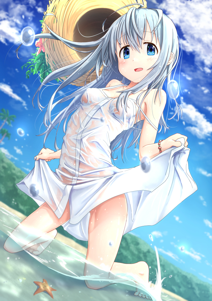 1girl, ahoge, bare_legs, bare_shoulders, barefoot, blue_eyes, blue_sky, bracelet
