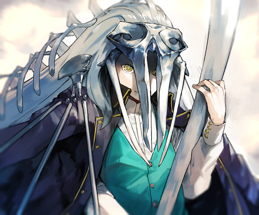 1boy, aynoh, blue_jacket, bone, borrowed_character, closed_mouth, fingernails, grey_hair