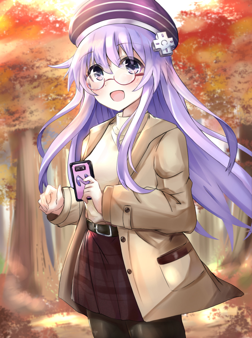 1girl, absurdres, alternate_costume, autumn, autumn_leaves, belt, beret, bimmy