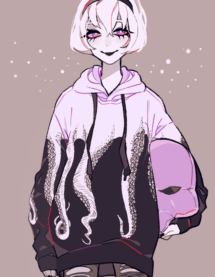 bim0ngsam0ng, black_lipstick, black_nails, eyelashes, hair_ornament, headband, homestuck, hood, hoodie, lipstick, makeup, mask, mask_removed, rose_lalonde, short_hair, smile, tentacles, thigh-highs, thighs, torn_clothes, torn_legwear, violet_eyes, white_hair