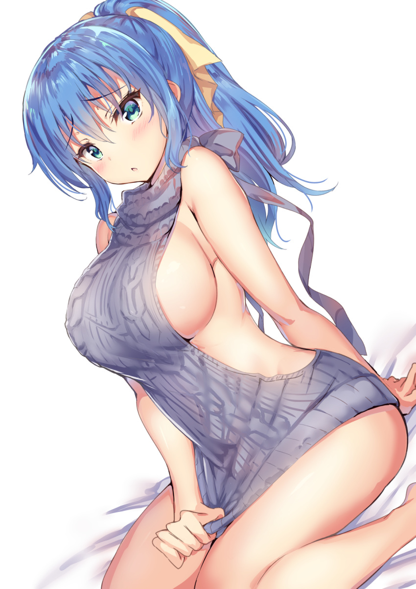 1girl, backless_outfit, bare_arms, bare_shoulders, blue_eyes, blue_hair, breasts, dutch_angle