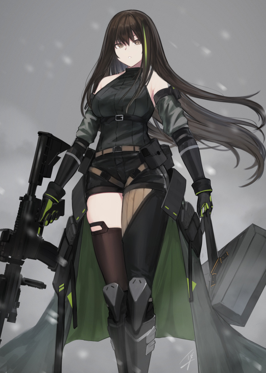 1girl, assault_rifle, bare_shoulders, belt, black_gloves, black_legwear, breasts, brown_eyes