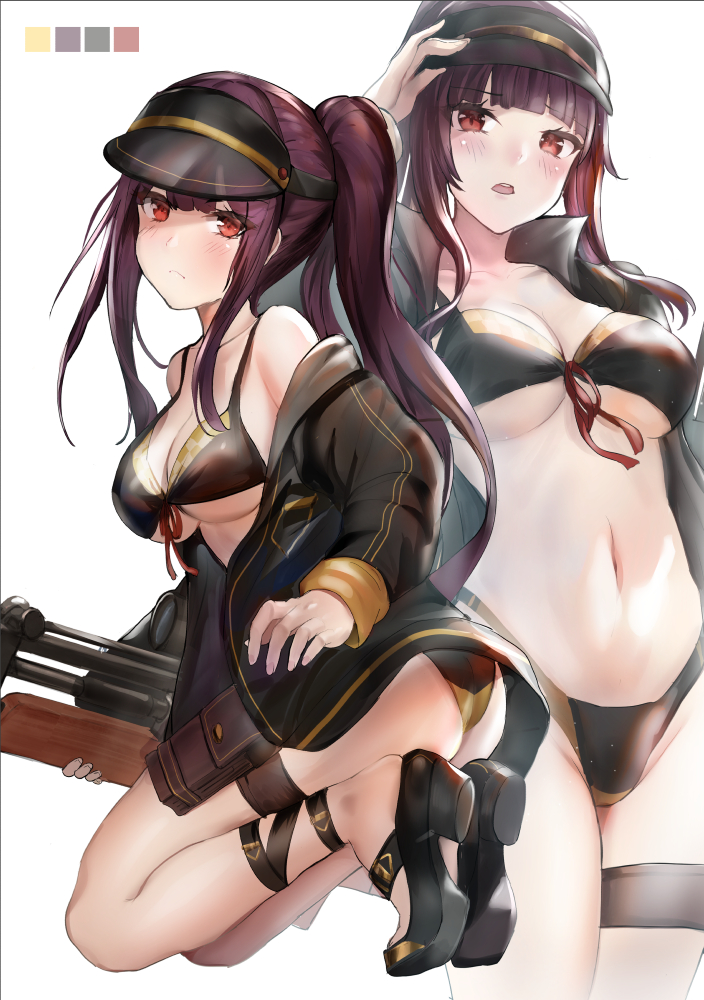 1girl, ass, bangs, bikini, black_bikini, black_footwear, black_headwear, black_jacket