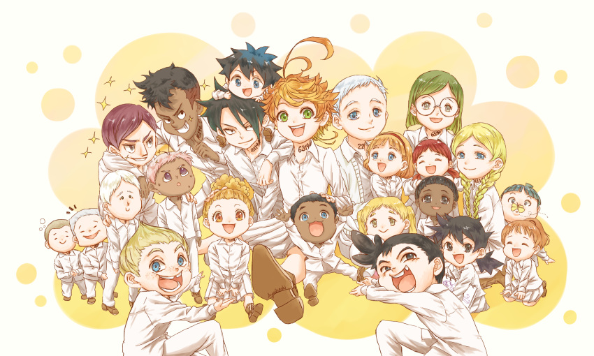 alicia_(yakusoku_no_neverland), anna_(yakusoku_no_neverland), ayks, black_hair, blonde_hair, blue_eyes, brown_eyes, conny_(yakusoku_no_neverland)