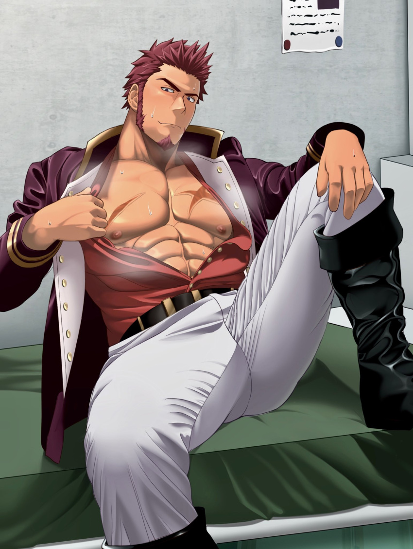 1boy, abs, bara, beard, blue_eyes, boots, brown_hair, chest