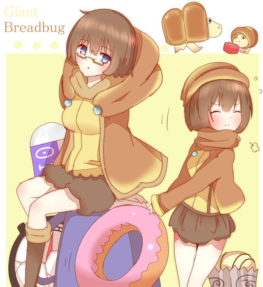2girls, blue_eyes, blush, breadbug, breasts, brown_hair, brown_sweater, closed_eyes