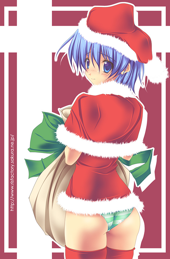 ayasaki_hayate, blue_eyes, blue_hair, blush, capelet, christmas, crossdressinging, hayate_no_gotoku!, hermione_ayasaki, male, panties, ruschuto, santa, santa_costume, striped, striped_panties, thigh-highs, thighhighs, trap, underwear