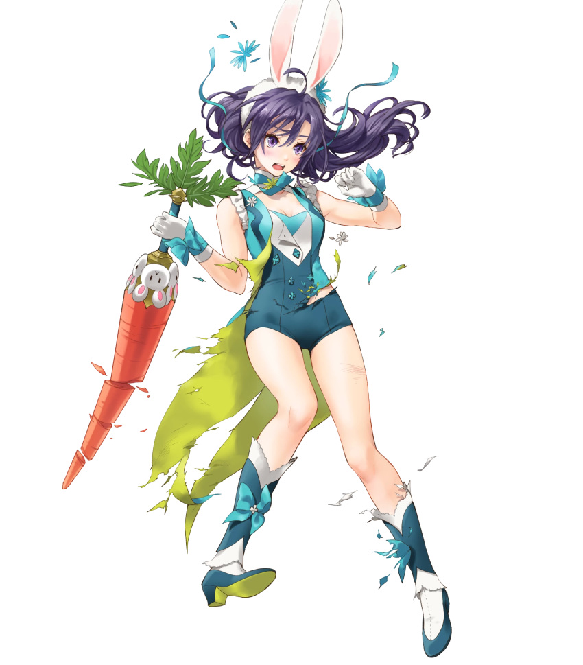 1girl, animal_ears, bangs, bare_shoulders, breasts, bunnysuit, carrot, fake_animal_ears
