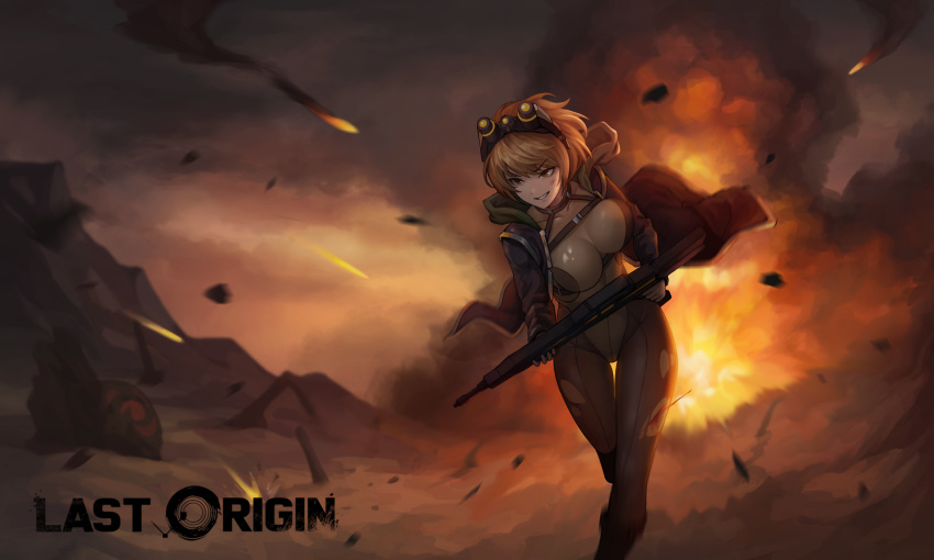 1girl, absurdres, arin_sel, assault_rifle, bleeding, blood, bodysuit, breasts