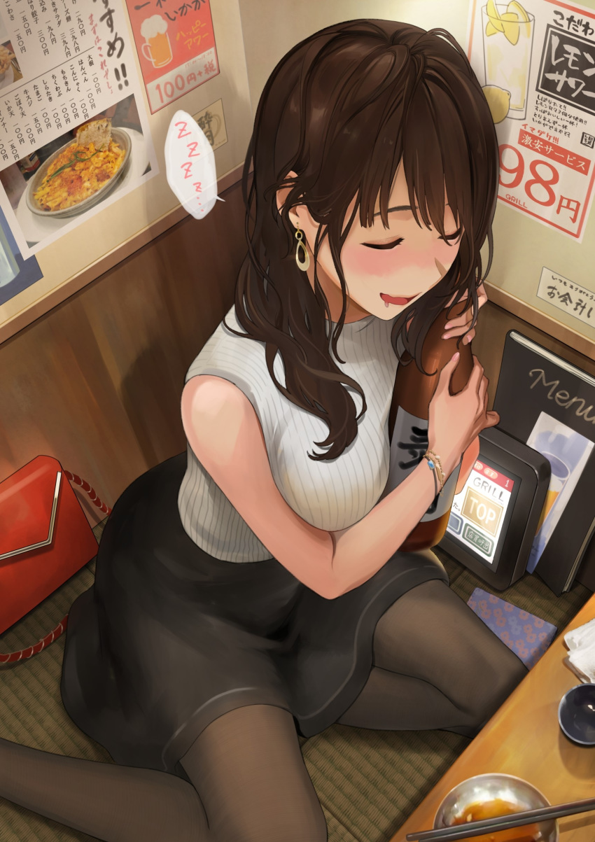 1girl, absurdres, alcohol, between_breasts, black_legwear, black_skirt, blush, bottle