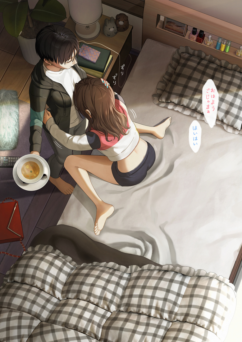 2girls, back, bag, bare_legs, barefoot, bed, black_hair, black_hoodie