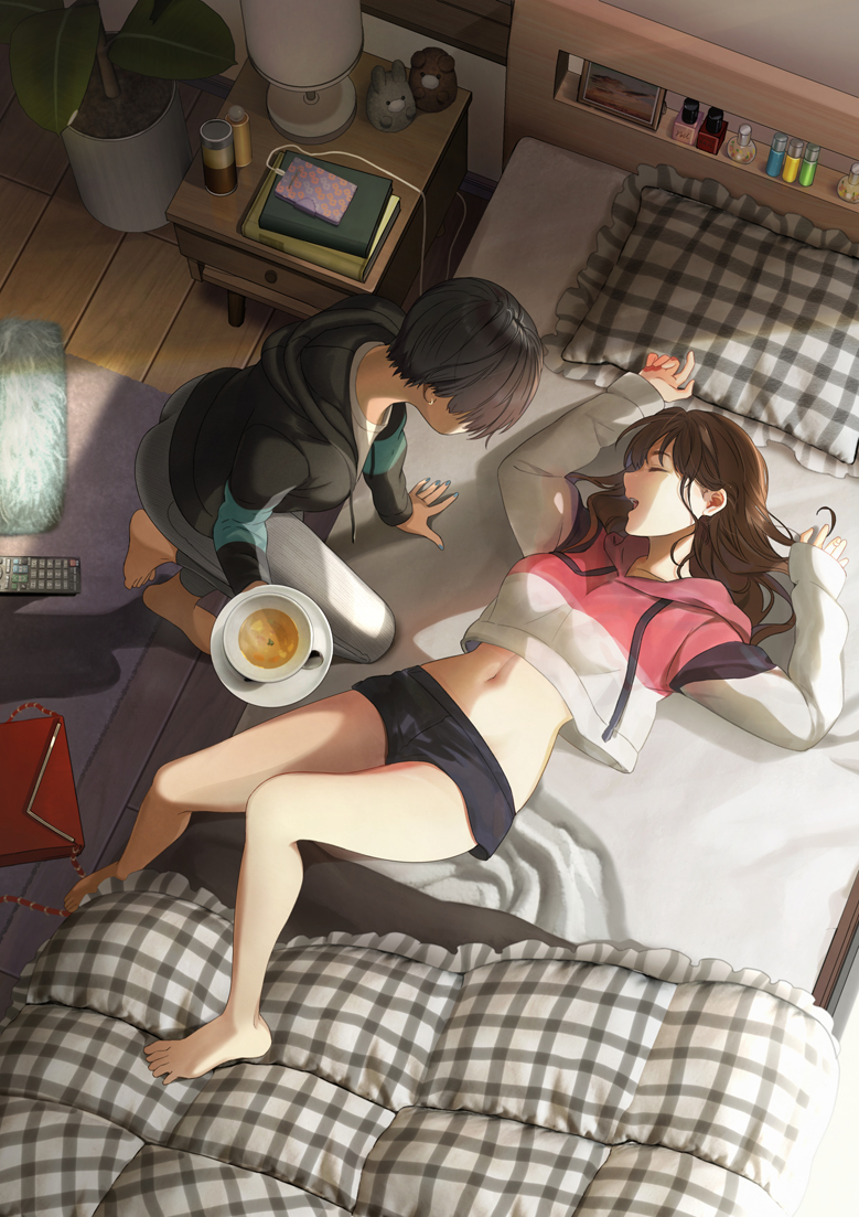2girls, arms_up, ass, bag, bare_legs, barefoot, bed, black_hair
