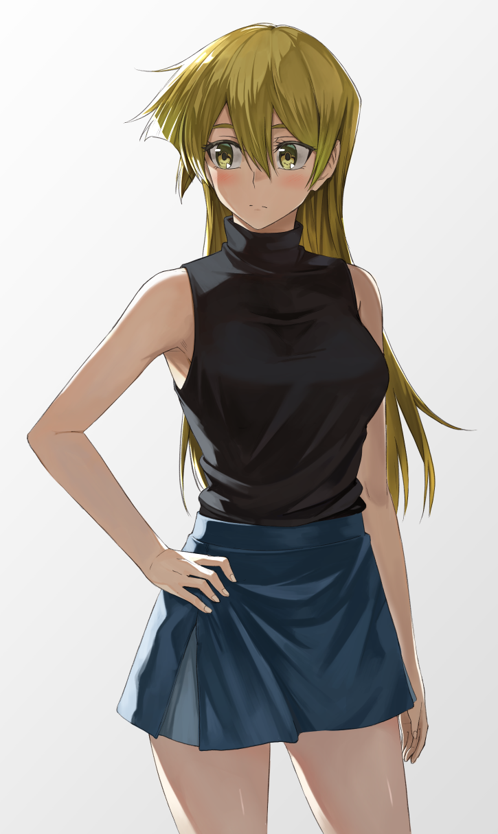 1girl, bangs, black_vest, blonde_hair, blue_skirt, blush, breasts, closed_mouth
