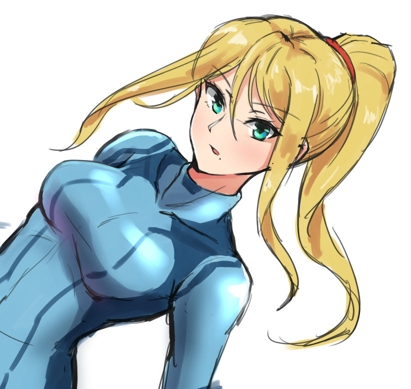 1girl, aqua_eyes, bangs, blonde_hair, blue_bodysuit, bodysuit, eyebrows_visible_through_hair, floating_hair