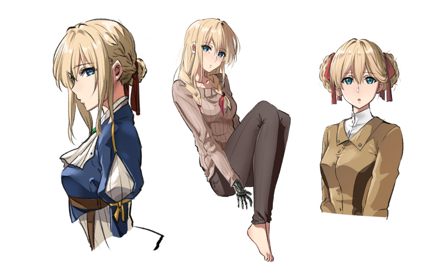 1girl, bangs, barefoot, blonde_hair, blue_eyes, braid, braided_bun, brown_jacket