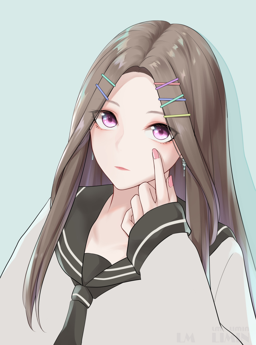 1girl, absurdres, black_neckwear, blue_background, byakuyayayayaya, closed_mouth, copyright_request, drop_shadow