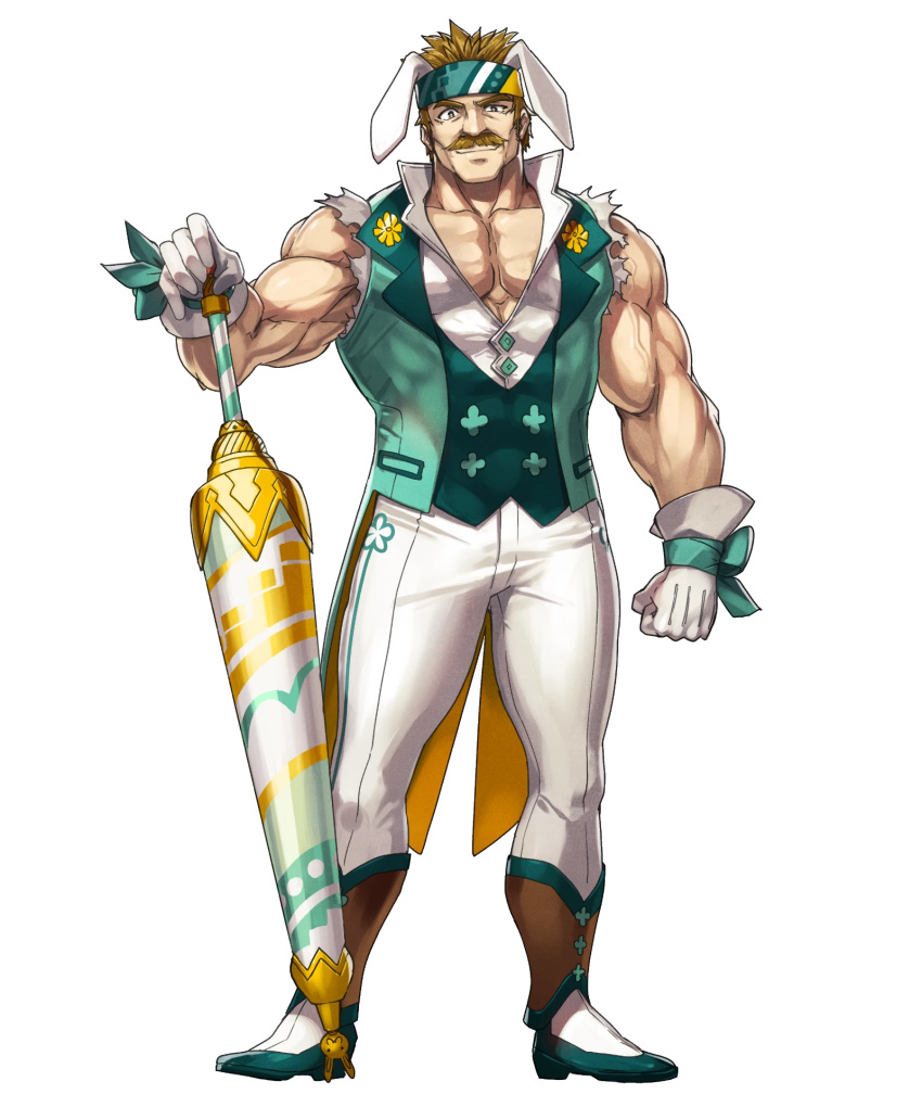 1boy, alternate_costume, animal_ears, bartre_(fire_emblem), boots, bow, brown_eyes, brown_hair
