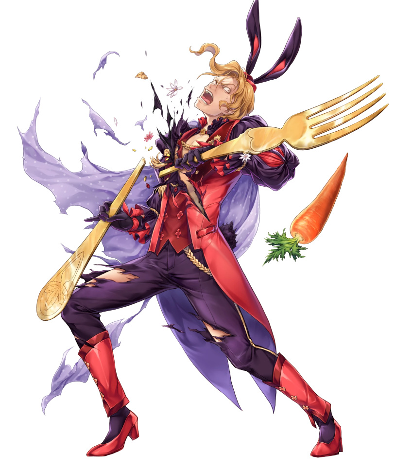 1boy, alternate_costume, animal_ears, blonde_hair, boots, bow, cape, carrot, fire_emblem, fire_emblem:_the_binding_blade, fire_emblem_heroes, flower, fork, full_body, gloves, hat, highres, leaf, narcian_(fire_emblem), official_art, open_mouth, rabbit_ears, solo, teeth, torn_clothes, transparent_background, yamada_koutarou, yellow_eyes