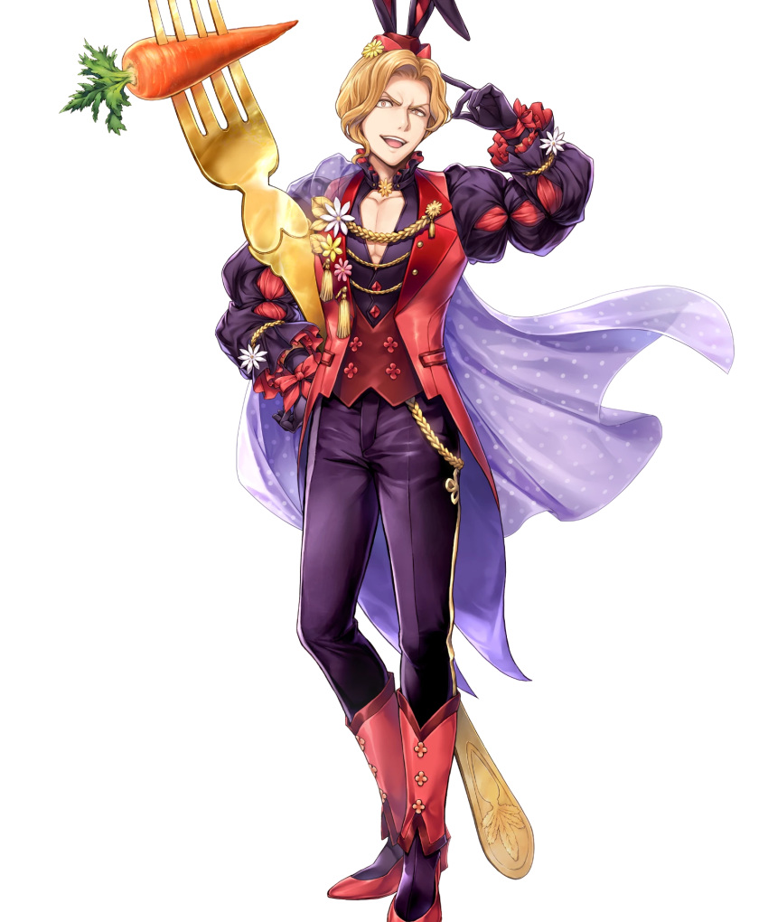 1boy, alternate_costume, animal_ears, blonde_hair, boots, bow, cape, carrot