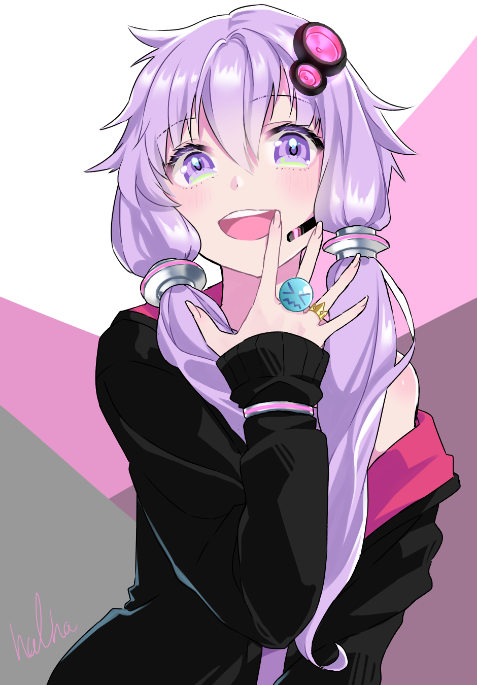 >_<, 1girl, bare_shoulders, commentary, eyebrows_visible_through_hair, finger_to_mouth, hair_ornament, halha_20