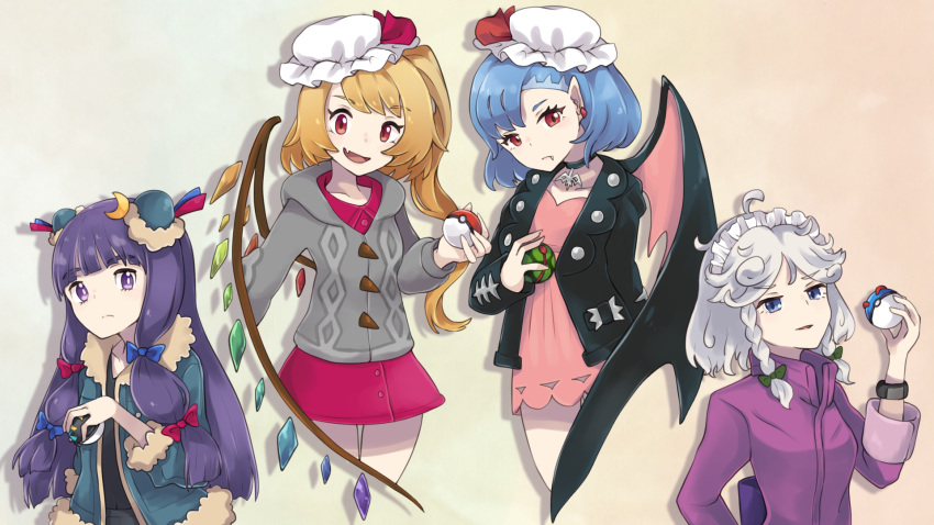 4girls, ahoge, arm_up, asymmetrical_bangs, bangs, bat_wings, beet_(pokemon), beet_(pokemon)_(cosplay)
