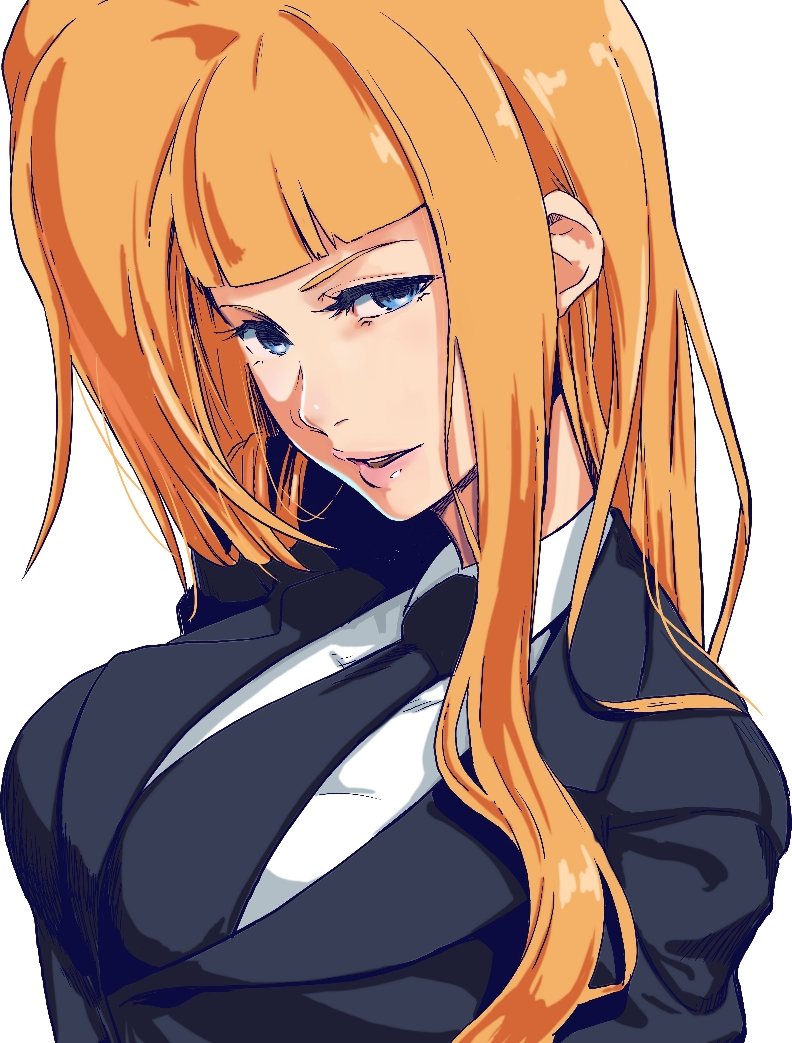 1girl, bangs, black_neckwear, blue_eyes, blunt_bangs, bokkusu, breasts, formal