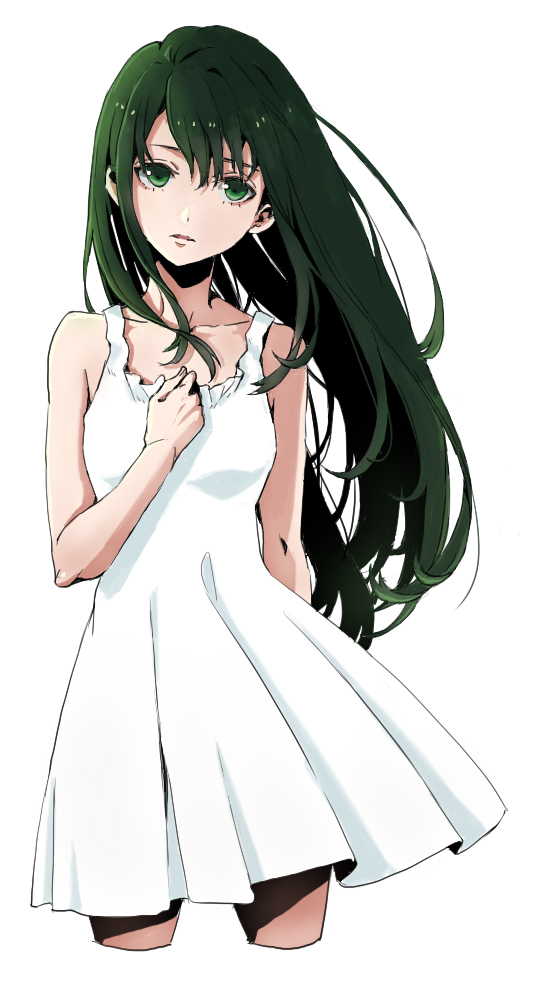 1girl, asukai_kiki, dress, green_eyes, green_hair, hand_up, id_:invaded, long_hair