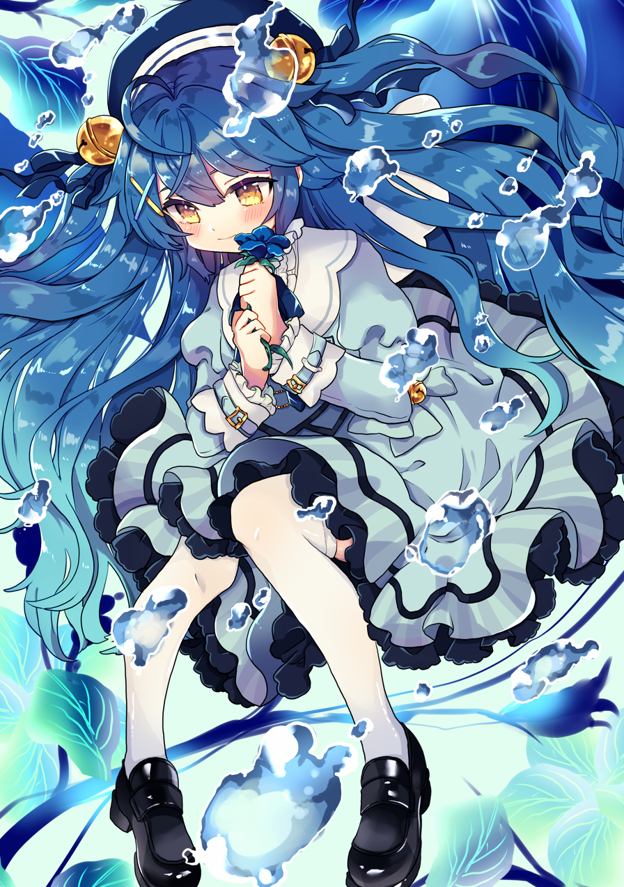 1girl, amamiya_kokoro, bell, black_footwear, blue_dress, blue_hair, blush, bubble