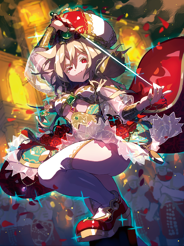 1girl, armband, bangs, blonde_hair, braid, braided_ponytail, breasts, flower