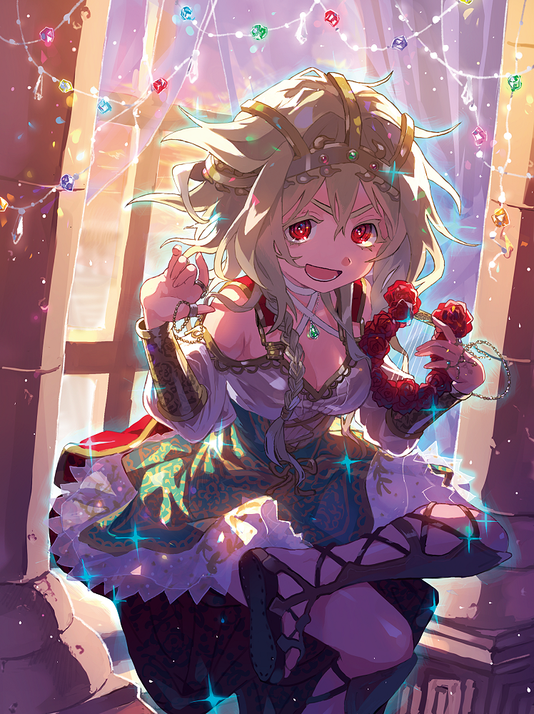 1girl, armband, bangs, blonde_hair, braided_ponytail, cape, curtains, dress