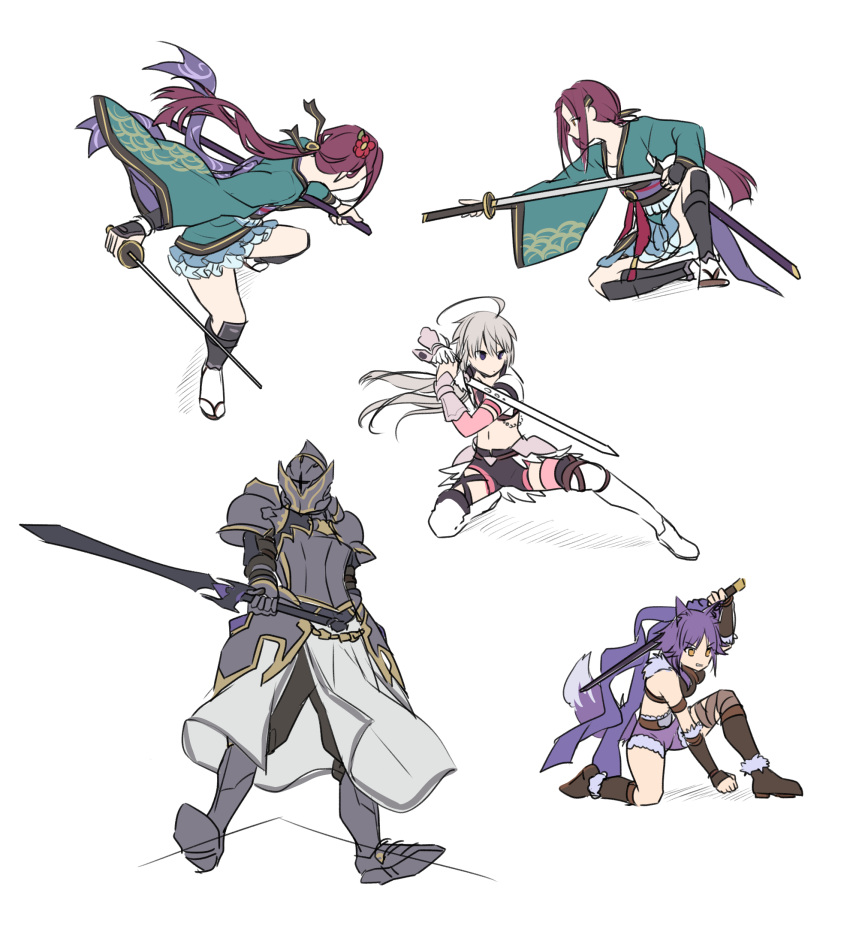 4girls, ahoge, aki_makoto, animal_ear_fluff, animal_ears, arm_guards, arm_up, armored_boots