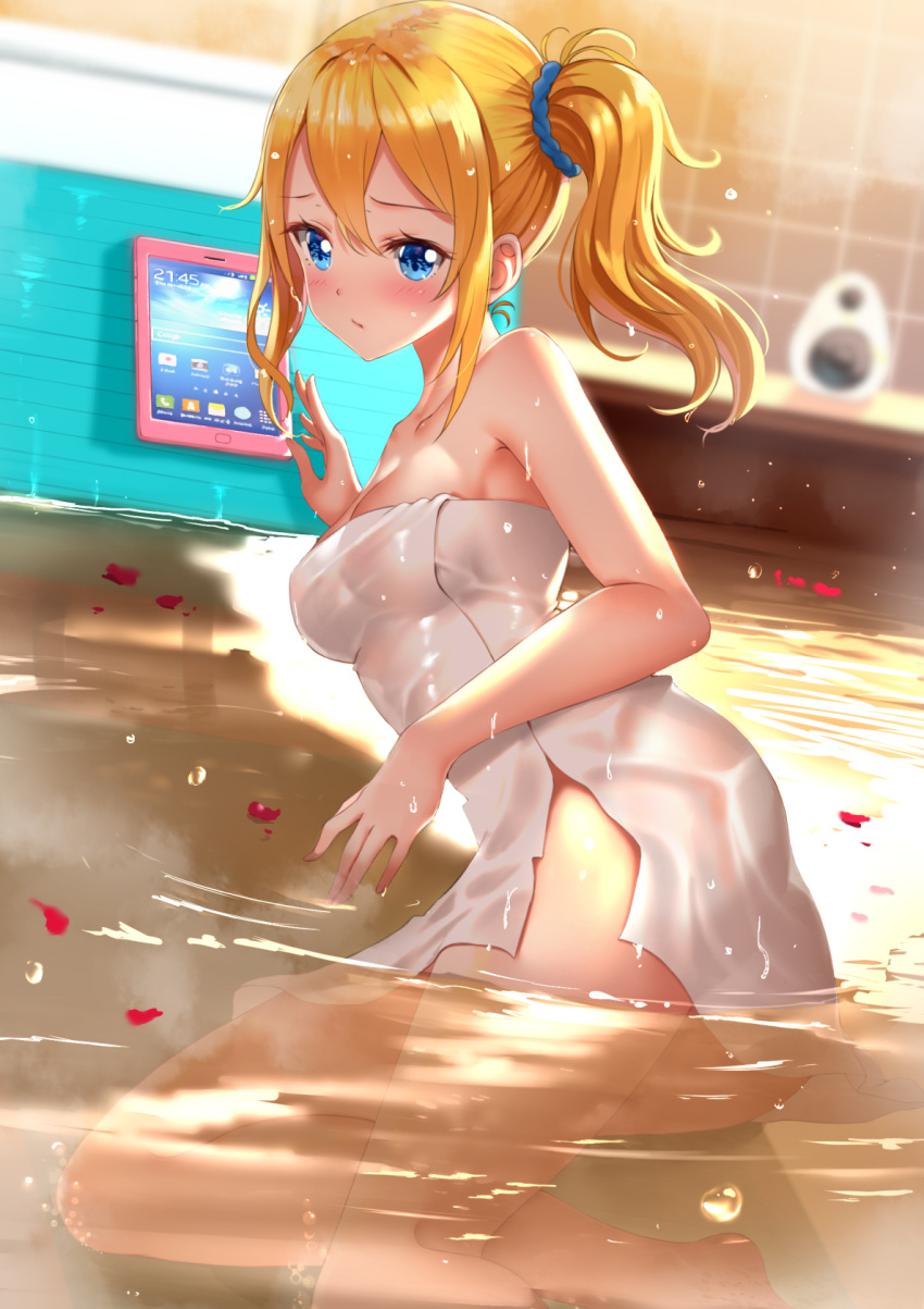 1girl, bangs, bare_arms, bare_shoulders, barefoot, bath, blonde_hair, blue_eyes