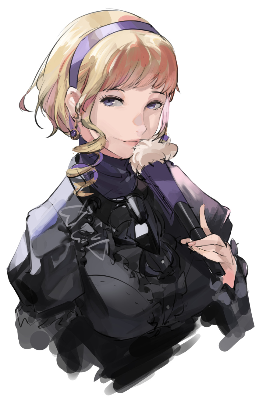 1girl, blazpu, blonde_hair, blue_eyes, blue_hairband, closed_mouth, constance_von_nuvelle, earrings