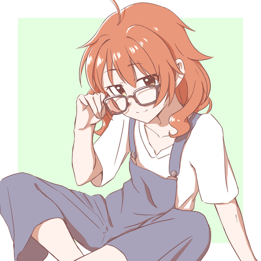 1girl, adjusting_eyewear, ahoge, araki_hina, blue_background, brown_eyes, brown_hair, highres