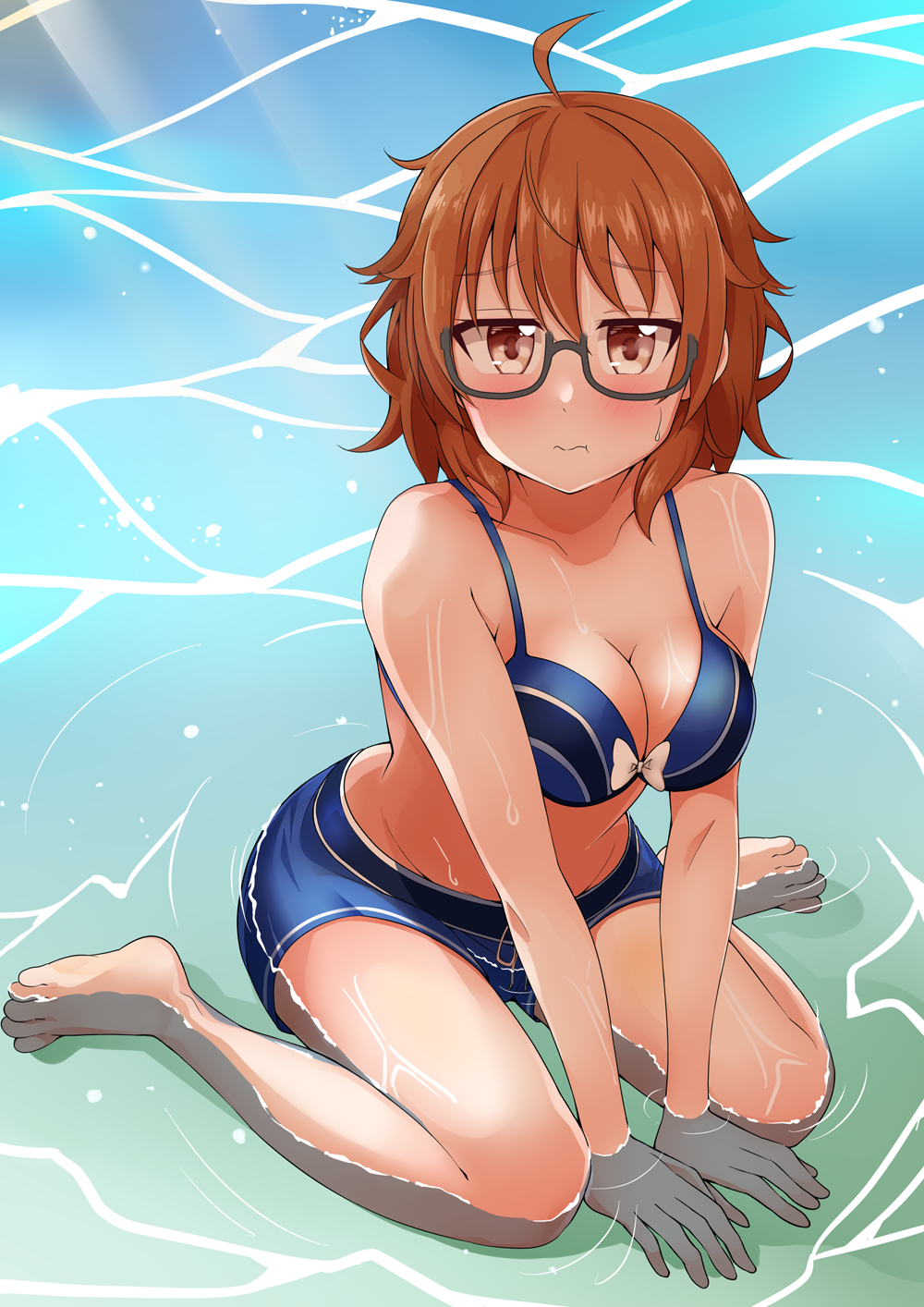 1girl, ahoge, araki_hina, barefoot, bikini_top, blue_bikini_top, blush, brown_eyes