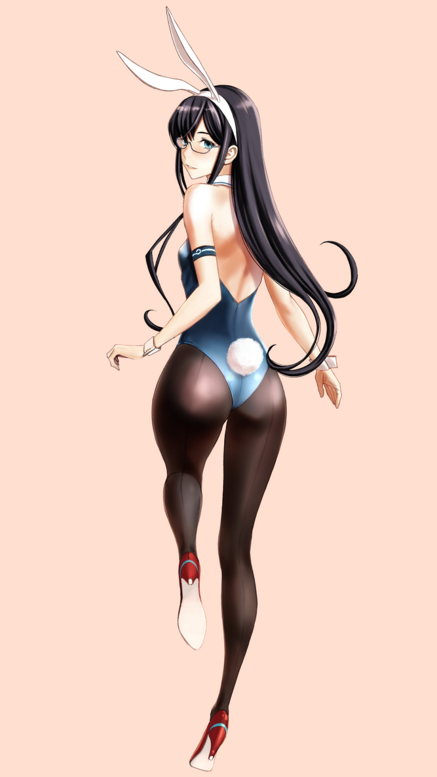 1girl, animal_ears, ass, bare_shoulders, black_hair, blush, breasts, bunny_tail