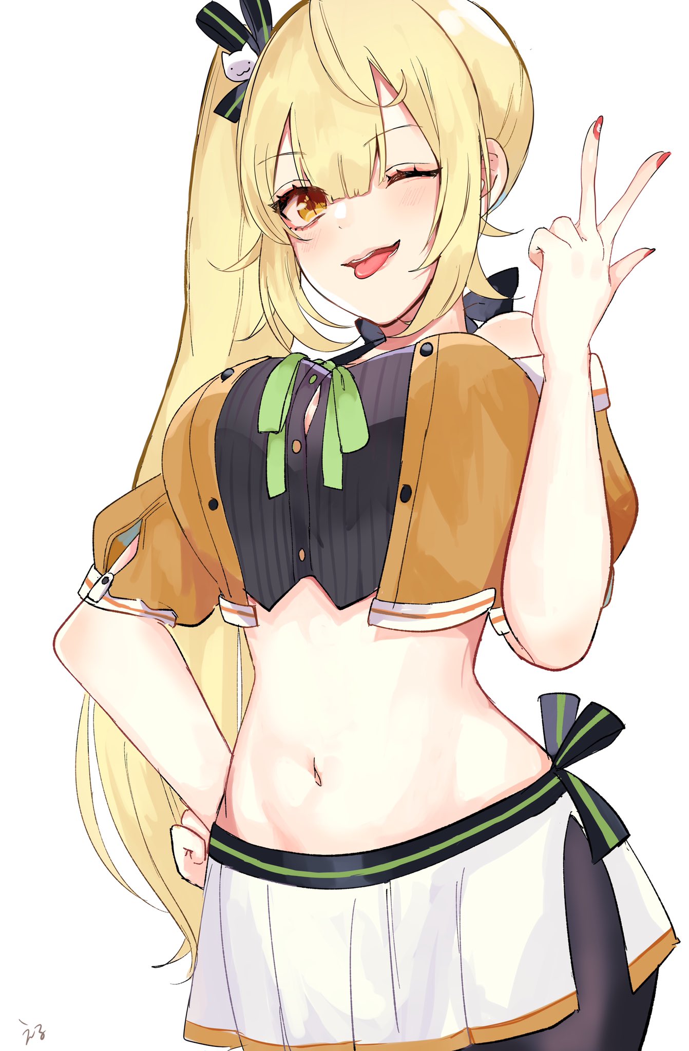 1girl, :3, ;p, artist_request, black_legwear, blonde_hair, breasts, cat_hair_ornament, cosplay, hair_ornament, hair_ribbon, hand_on_hip, highres, hoshikawa_sara, long_hair, manicure, midriff, natsuiro_matsuri, natsuiro_matsuri_(cosplay), navel, nijisanji, one_eye_closed, pantyhose, ribbon, short_sleeves, side_ponytail, side_slit, simple_background, skirt, solo, tongue, tongue_out, virtual_youtuber, yellow_eyes