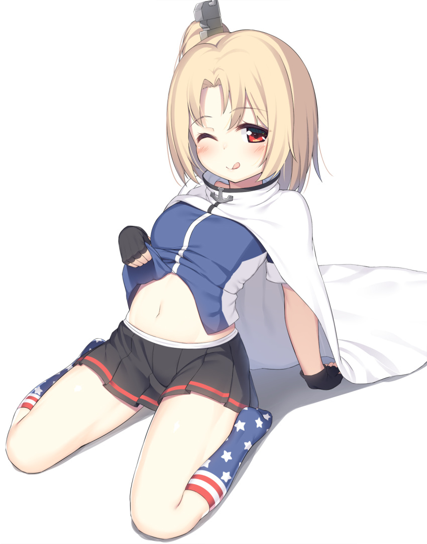 1girl, ;q, american_flag, american_flag_legwear, american_flag_print, anchor_symbol, arm_support, azur_lane