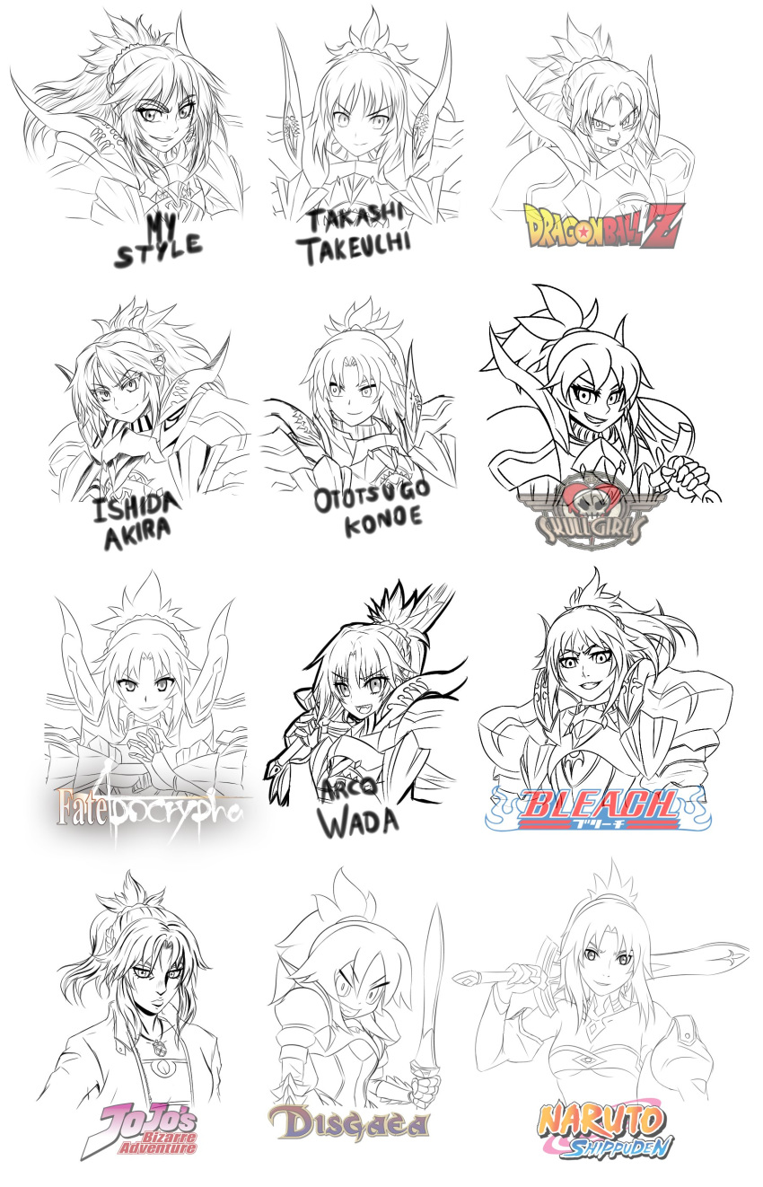 1girl, absurdres, araki_hirohiko_(style), bangs, bleach, blonde_hair, braid, breasts, clarent, commentary, disgaea, dragon_ball, english_commentary, eyebrows_visible_through_hair, fate/apocrypha, fate/grand_order, fate/stay_night, fate_(series), french_braid, green_eyes, greyscale, grin, hair_ornament, hair_scrunchie, harada_takehito_(style), highres, holding, holding_sword, holding_weapon, jojo_no_kimyou_na_bouken, kishimoto_masashi_(style), kubo_taito_(style), long_hair, monochrome, mordred_(fate), mordred_(fate)_(all), naruto_(series), open_mouth, parody, ponytail, scrunchie, smile, solo, style_parody, sword, takeuchi_takashi_(style), toriyama_akira_(style), wada_aruko_(style), weapon, zantyarz