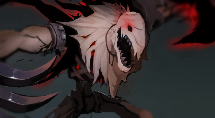 1other, absurdres, bird_scarer, evil_smile, extra_eyes, fiddlesticks, glowing, grey_background, highres, keychain, league_of_legends, mechanical, no_humans, ohpe, open_mouth, red_eyes, scarecrow, sharp_claws, sharp_teeth, simple_background, smile, solo, teeth