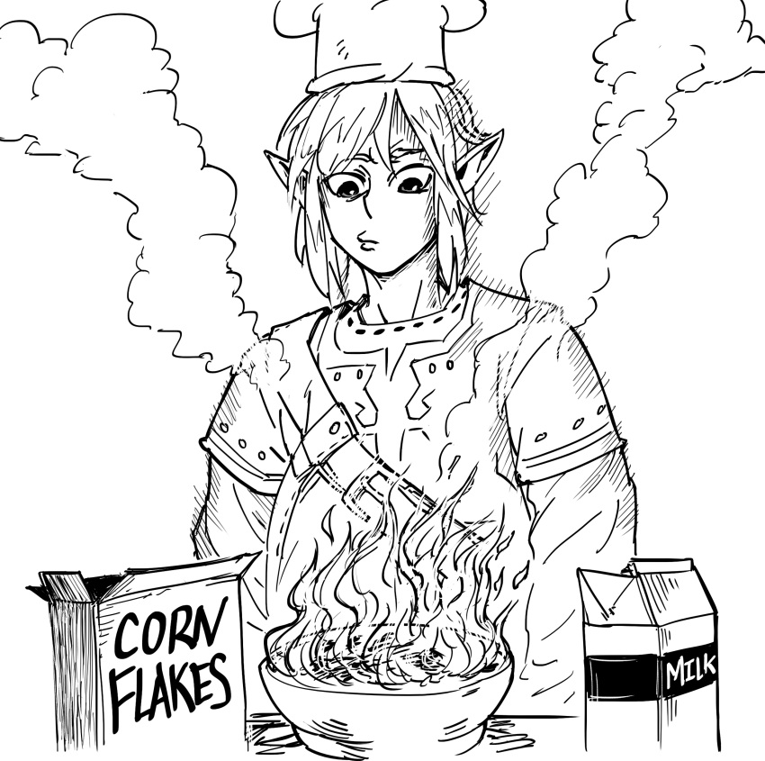1boy, bb_(baalbuddy), belt, bowl, burning, chef_hat, corn_flakes, failure, fire, flame, greyscale, hat, highres, link, long_sleeves, looking_down, male_focus, medium_hair, milk_carton, monochrome, parody, pointy_ears, short_over_long_sleeves, short_sleeves, simple_background, smoke, solo, the_legend_of_zelda, the_simpsons, white_background
