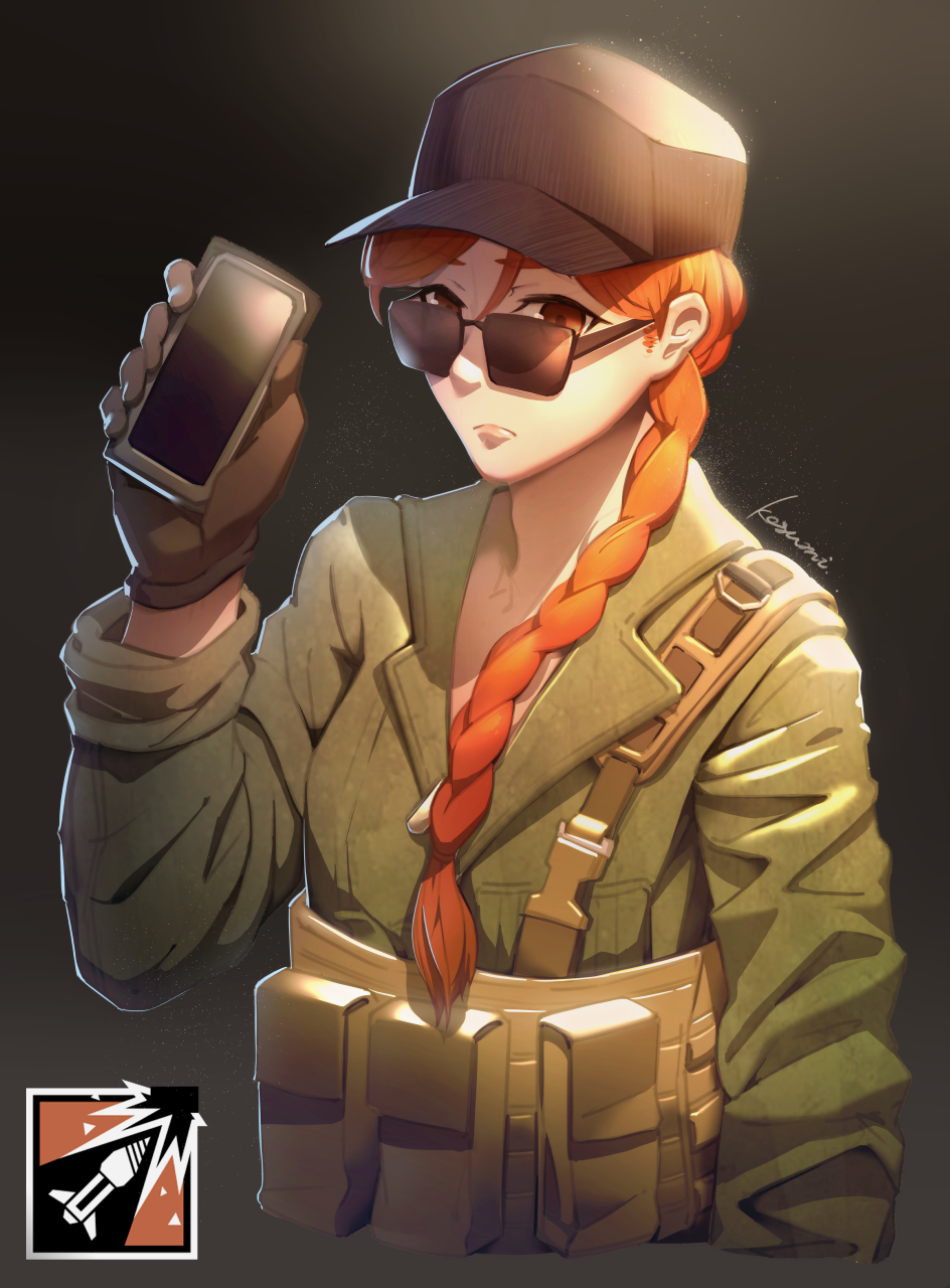 1girl, ash_(rainbow_six_siege), braid, brown_eyes, brown_gloves, brown_headwear, eyebrows_visible_through_hair, flat_cap