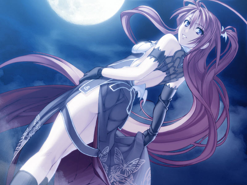 blue_eyes, dress, dutch_angle, gloves, ignis, jingai_makyou, long_hair, looking_back