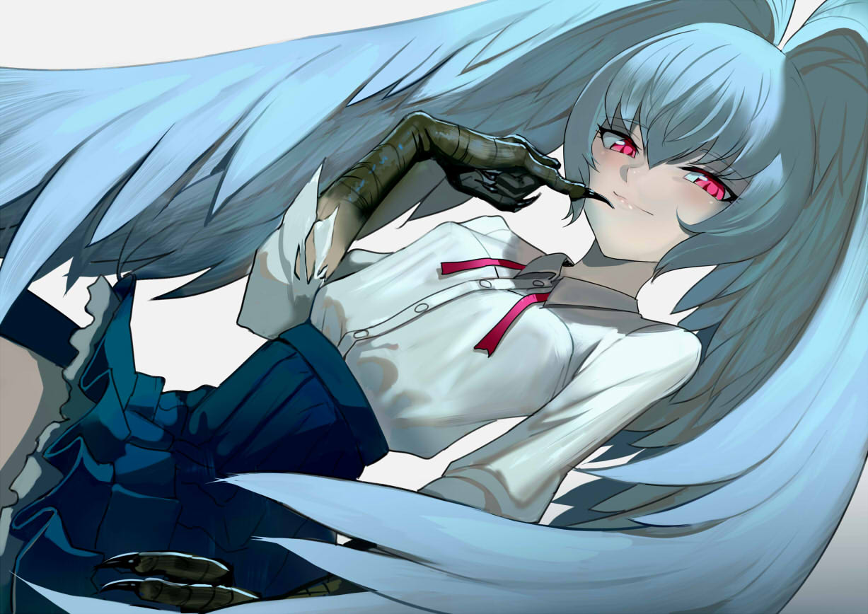 1girl, bangs, blue_hair, breasts, claws, devilman, devilman_grimoire, dutch_angle