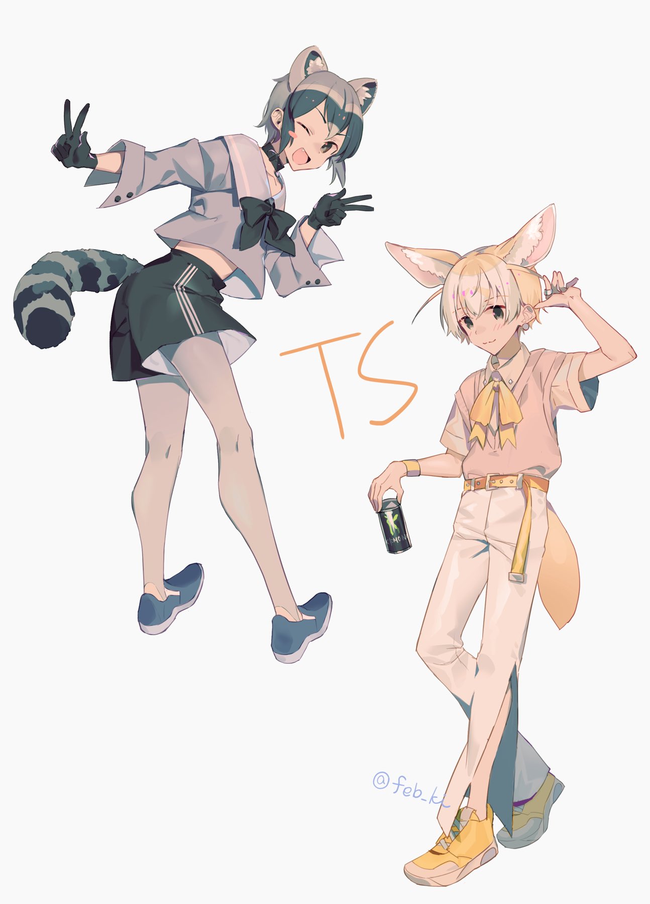 2boys, adapted_costume, animal_ears, beige_pants, black_bow, black_collar, black_gloves, black_shorts