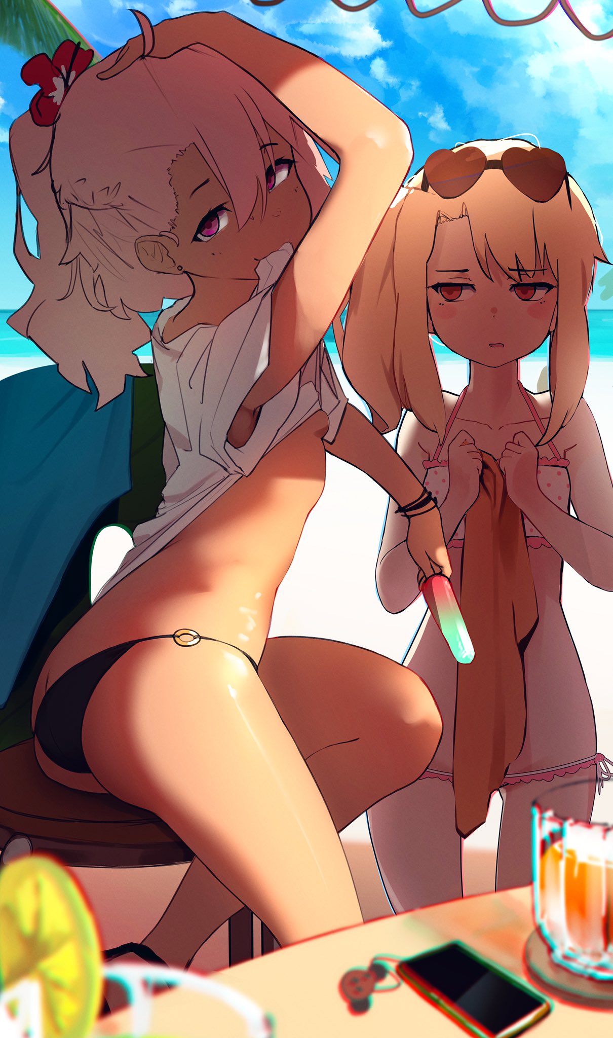 2girls, arm_up, ass, backlighting, bangs, bare_shoulders, beach, bikini