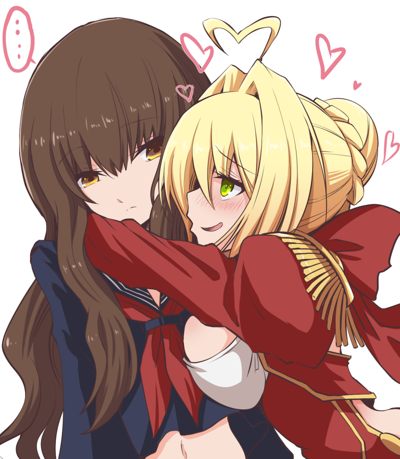 2girls, ahoge, armor, blush, brown_hair, fate/extra, fate_(series), fujitaka_nasu, hug, kishinami_hakuno_(female), long_hair, multiple_girls, nero_claudius_(fate), nero_claudius_(fate)_(all), pantyhose, red_eyes, thighs, type-moon, white_background, yuri