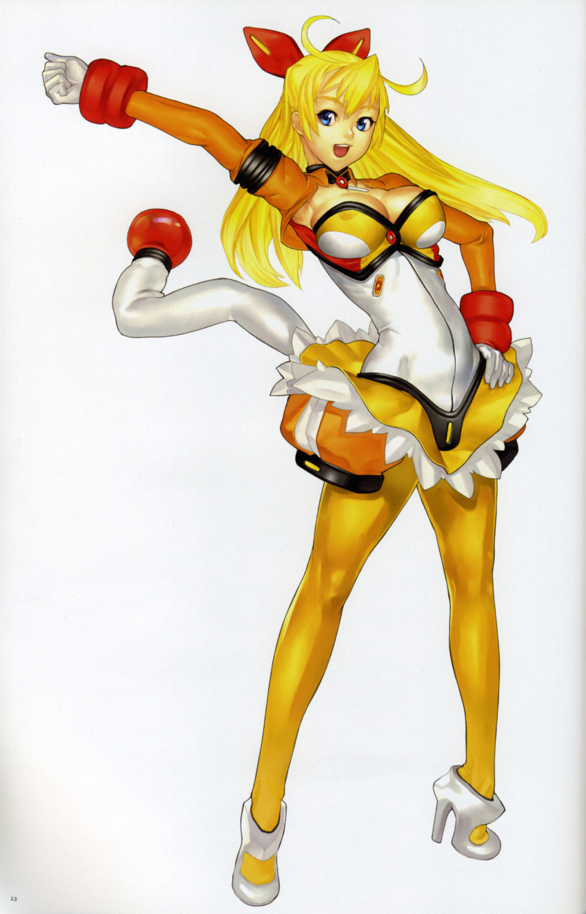 absurdres, antenna_hair, arched_back, arm_up, armpits, bangs, blonde_hair, blue_eyes