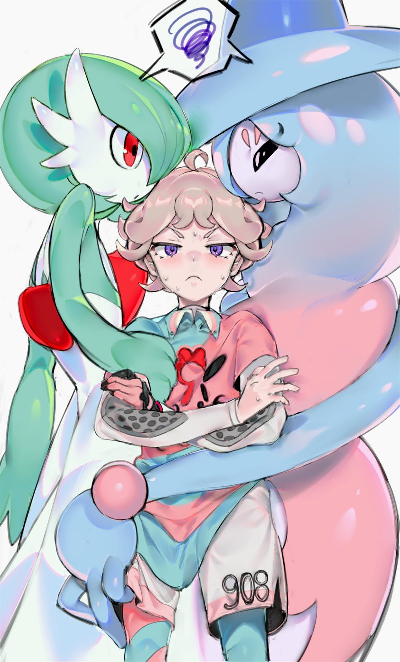 1boy, :<, ahoge, beet_(pokemon), blonde_hair, crossed_arms, eye_contact, eyelashes, gardevoir, gen_3_pokemon, gen_8_pokemon, girl_sandwich, gym_challenge_uniform, hatterene, highres, legwear_under_shorts, light_blush, looking_at_another, looking_at_viewer, pantyhose, pokemon, pokemon_(creature), pokemon_(game), pokemon_swsh, red_eyes, sandwiched, short_hair, shorts, simple_background, spoken_squiggle, squiggle, sweat, violet_eyes, xschinkenwurstx
