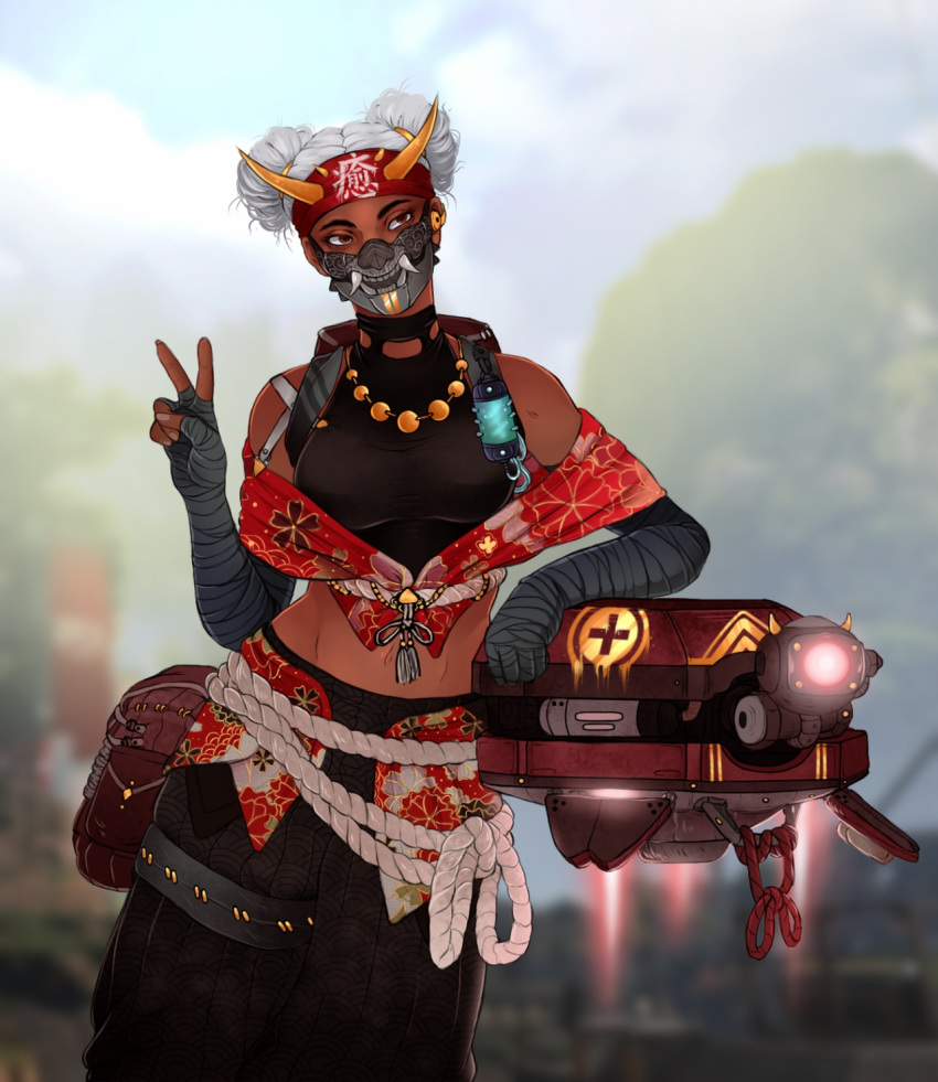 1girl, apex_legends, bandaged_arm, bandages, bare_shoulders, belt, belt_pouch, blurry